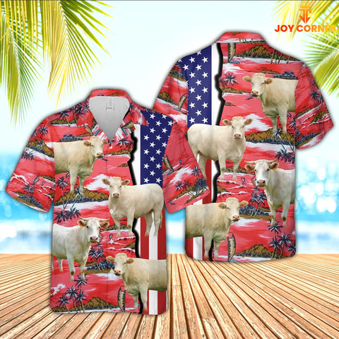 Joycorners Charolais American Flag Farming 3D Hawaiian Shirt