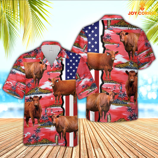 Joycorners Red Angus American Flag Farming 3D Hawaiian Shirt