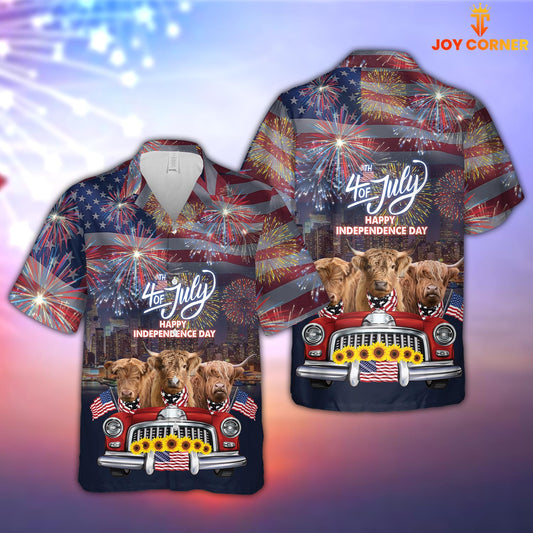 Joy Corners Independence Day Highland Cattle 3D Hawaiian Shirt