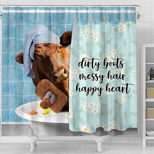 Joy Corners Red Angus Dirty Boots, Messy Hair, Happy Heart  3D Shower Curtain