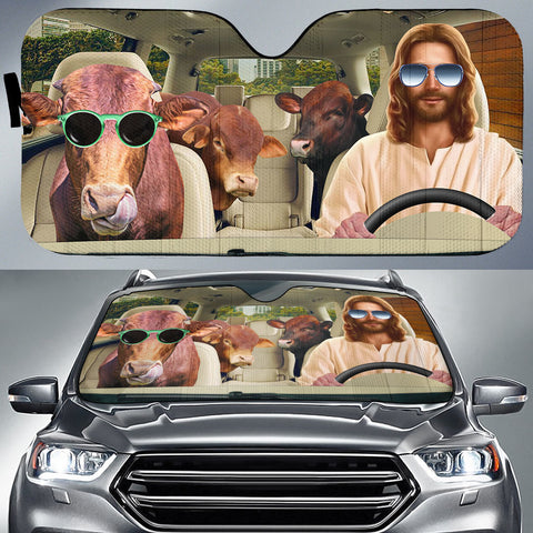 Joycorners Jesus Driving Beefmaster Cattle All Over Printed 3D Sun Shade