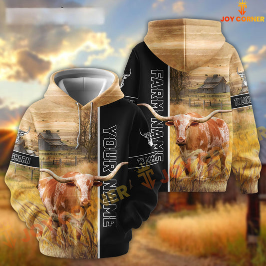 Joycorners Half Black & Farm Texas Longhorn Cattle Personalized Hoodie
