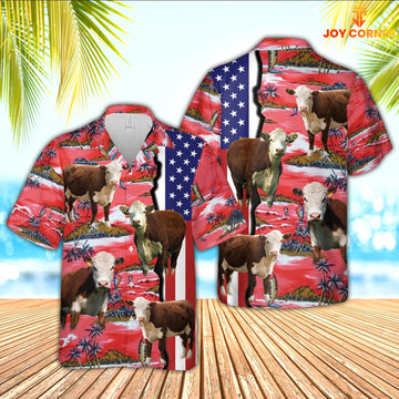 Joycorners Hereford American Flag Farming 3D Hawaiian Shirt