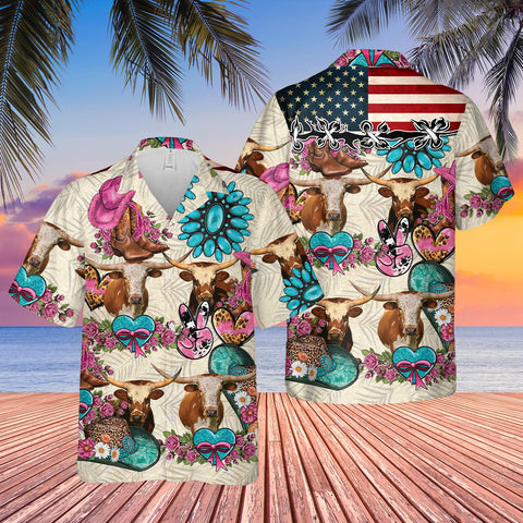 Joycorners Texas Longhorn Happiness Flowers 3D Hawaiian Shirt