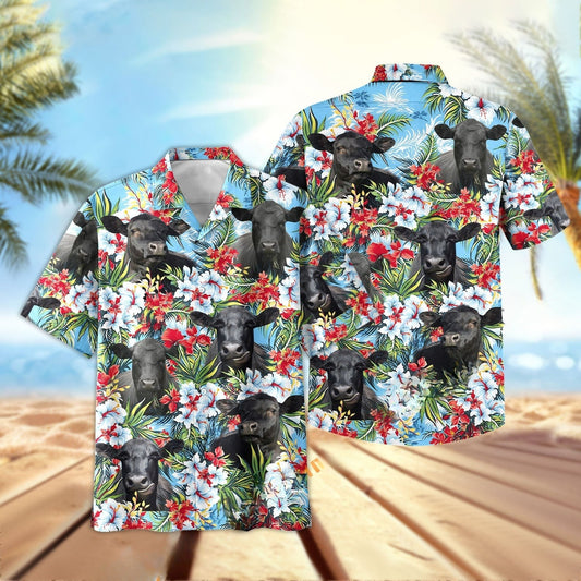 Joy Corners Black Angus Red And White Flowers 3D Hawaiian Shirt