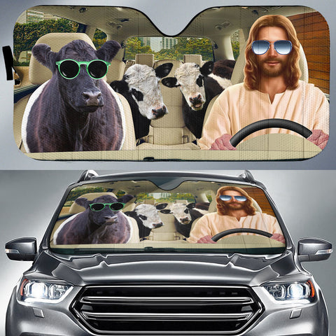 Joycorners Jesus Driving Belted Galloway Cattle All Over Printed 3D Sun Shade