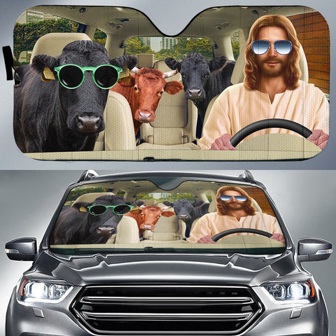 Joycorners Jesus Driving Dexter Cattle All Over Printed 3D Sun Shade