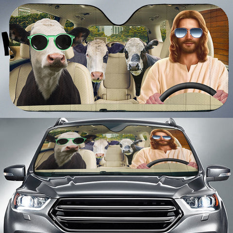 Joycorners Jesus Driving Black Baldy Cattle All Over Printed 3D Sun Shade