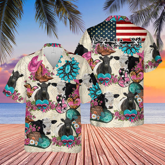 Joycorners Belted Galloway Happiness Flowers 3D Hawaiian Shirt