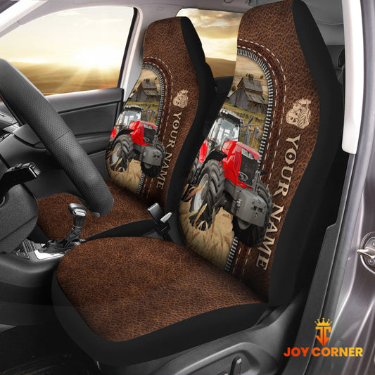 Joycorners Red Tractor Personalized Name Leather Pattern Car Seat Covers Universal Fit (2Pcs)