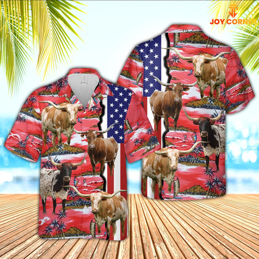 Joycorners Texas Longhorn American Flag Farming 3D Hawaiian Shirt