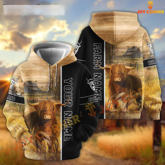 Joycorners Half Black & Farm Highland Cattle Personalized Hoodie