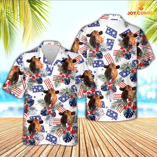 Joy Corners Red Angus American Little Flowers And Flag Pattern Hawaiian Shirt