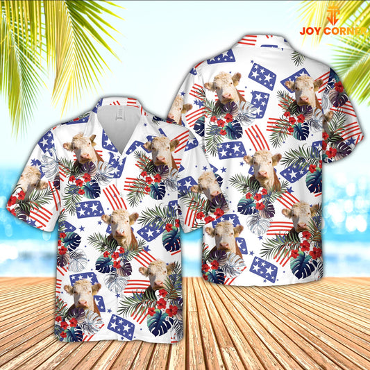 Joy Corners Hereford American Little Flowers And Flag Pattern Hawaiian Shirt