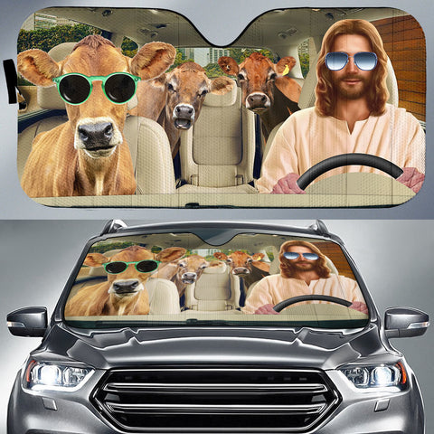 Joycorners Jesus Driving Jersey Cattle All Over Printed 3D Sun Shade
