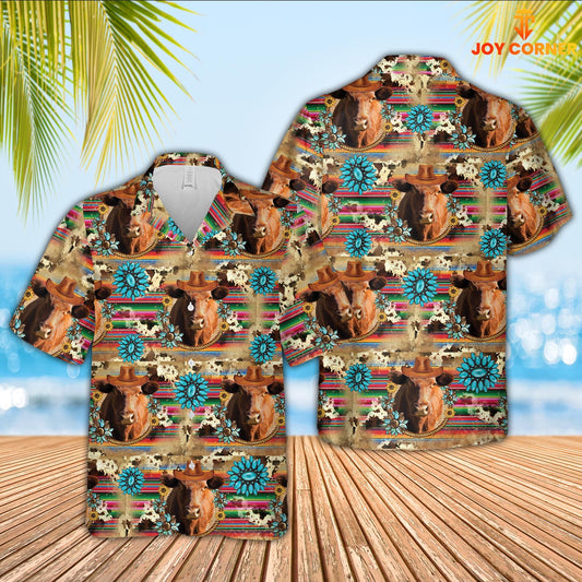 Joycorners Red Angus Cowboy Pattern 3D Hawaiian Shirt