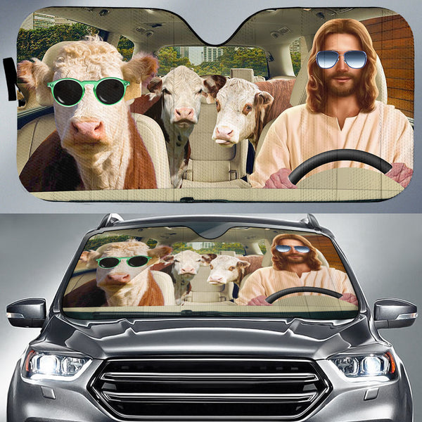 Joycorners Jesus Driving Hereford Cattle All Over Printed 3D Sun Shade