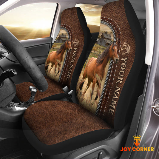 Joycorners Horse Personalized Name Leather Pattern Car Seat Covers Universal Fit (2Pcs)