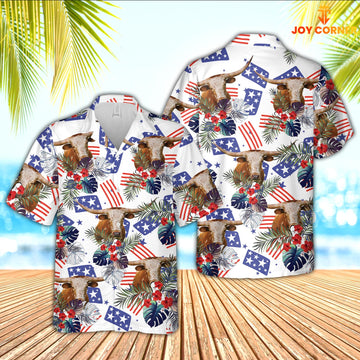 Joy Corners Texas Longhorn American Little Flowers And Flag Pattern Hawaiian Shirt