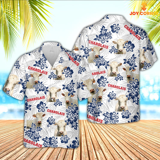 Joy Corners Charolais American White Flowers Pattern Hawaiian Shirt