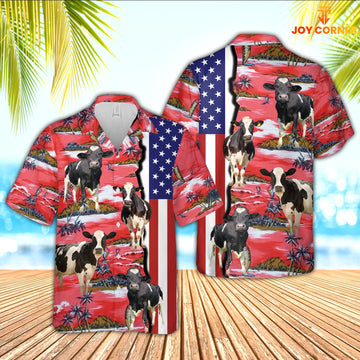 Joycorners Holstein American Flag Farming 3D Hawaiian Shirt