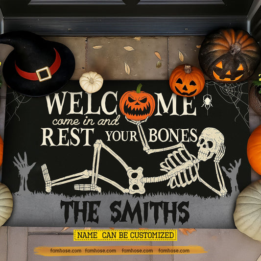 Joycorners Funny Personalized Halloween Skeleton Doormat, Welcome Come In And Rest Your Bones, Doormat For Home Decor Housewarming Gift, Welcome Mat Gift For Skeleton Lovers LM0210