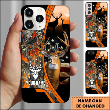 Joycorners Hunting Phone Case Whitetail Deer Camo Forest USA Flag Art Personalized Name Phone Case| Orange
