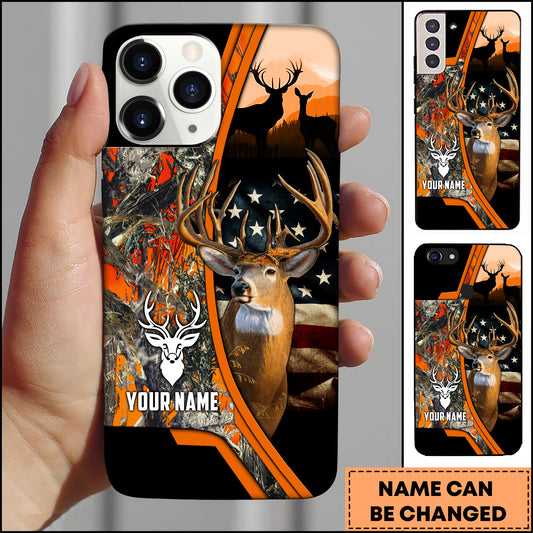 Joycorners Hunting Phone Case Whitetail Deer Camo Forest USA Flag Art Personalized Name Phone Case| Orange