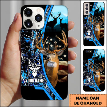 Joycorners Hunting Phone Case Whitetail Deer Camo Forest USA Flag Art Personalized Name Phone Case| Blue