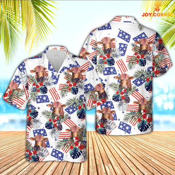 Joy Corners Beefmaster American Little Flowers And Flag Pattern Hawaiian Shirt