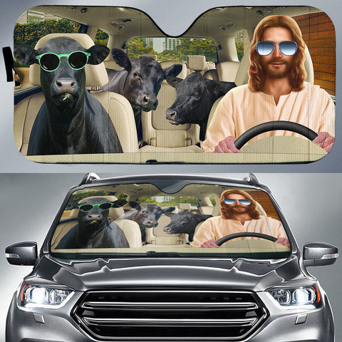 Joycorners Jesus Driving Black Angus Cattle All Over Printed 3D Sun Shade