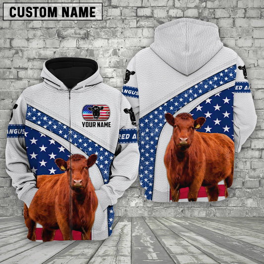 Joycorners Farm Red Angus American Flag Custom Name 3D Shirts