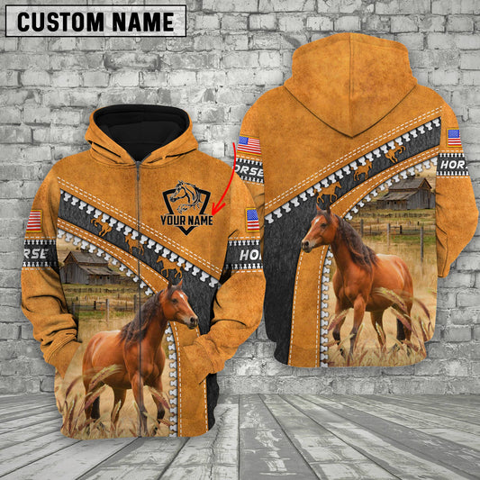 Joycorners Custom Name Farm Brown Horse Leather Zip Pattern 3D Shirts