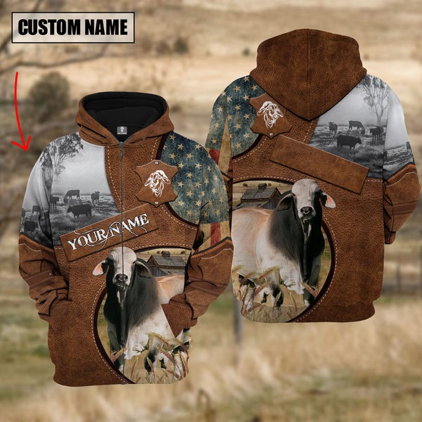 Joycorners Farm Brahman Cattle American Leather Pattern 3D Custom Name Shirts