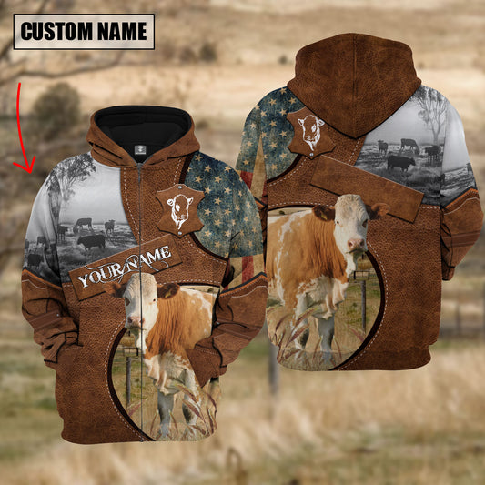 Joycorners Farm Simmental American Leather Pattern 3D Custom Name Shirts