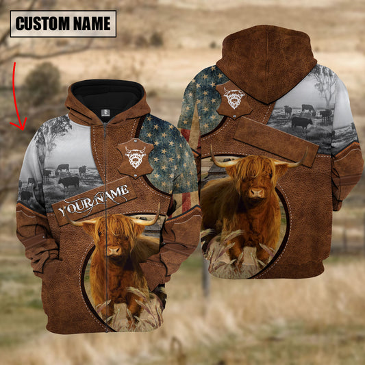 Joycorners Farm Highland Cattle American Leather Pattern 3D Custom Name Shirts