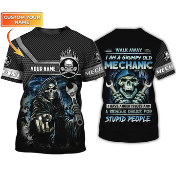 Joycorners Personalized Name Grumpy Old Mechanic 3D Shirts, Skull Mechanical Tshirt For Him, Mechanic Men Shirt PT2609