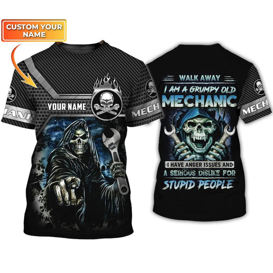 Joycorners Personalized Name Grumpy Old Mechanic 3D Shirts, Skull Mechanical Tshirt For Him, Mechanic Men Shirt PT2609