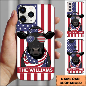 Joycorners Cool Black Angus Cow Wearing USA Flag Bandana and Sunglasses Patriotic Style Personalized Name 3D Phone Case