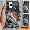 Joycorners Fishing Hexagon Tech Pattern Hook Icon Water Splash Personalized Name Phone Case (10 Fish Species)