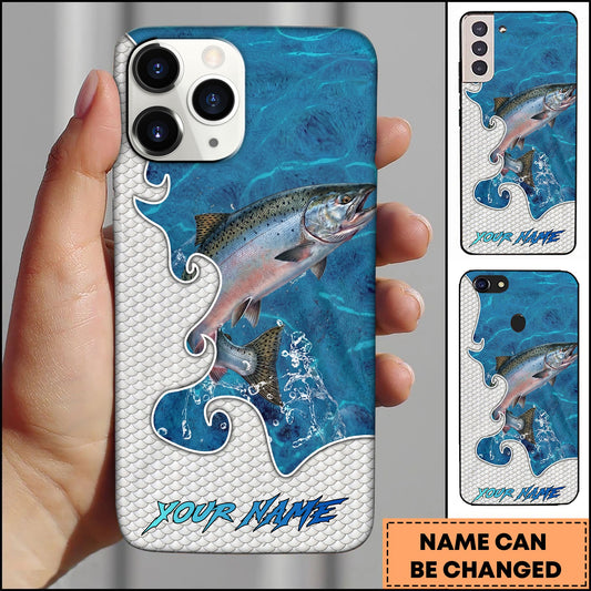 Joycorners Fishing Ocean Blue Wave Scale Pattern Splash Personalized Name Phone Case (10 Fish Species)