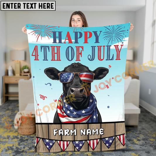 Joycorners Happy 4th of July Cow with USA Scarf Fireworks Patriotic Personalized Name 3D Blanket (8 Breeds)