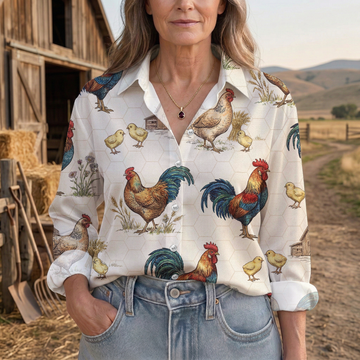Joycorners Country Farm Rooster Hen Chick Pattern Casual Shirt