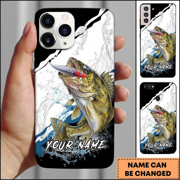 Joycorners Fishing Topwater Lure Splash Art Black White Personalized Name Phone Case (10 Fish Species)