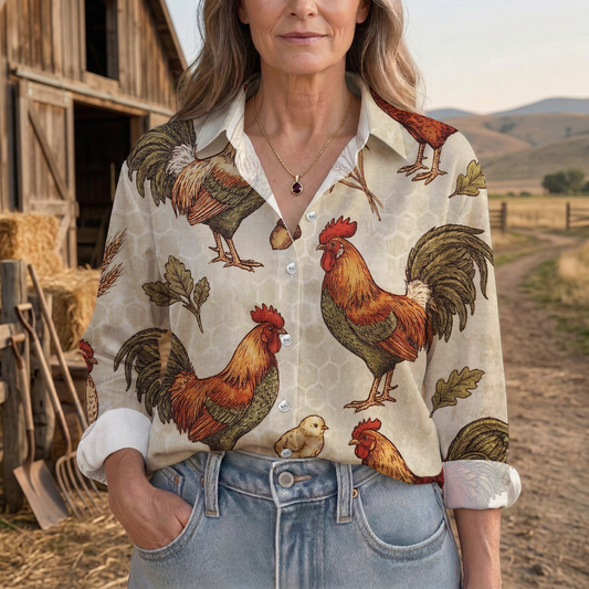 Joycorners Vintage Rooster Farmhouse Chicken Pattern Casual Shirt