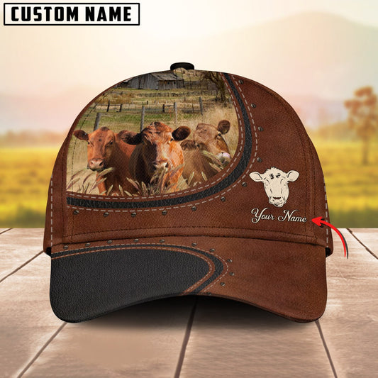 Joycorners Custom Name And Red Angus Cows Leather Pattern Classic Cap