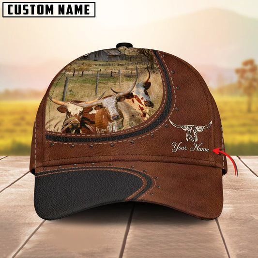 Joycorners Custom Name And Texas Longhorn Cows Leather Pattern Classic Cap