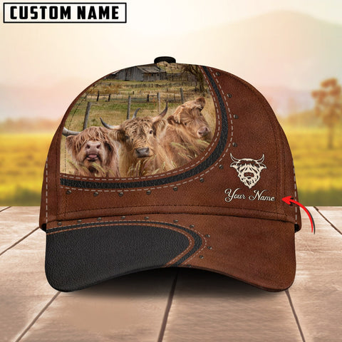 Joycorners Custom Name And Highland Cows Leather Pattern Classic Cap