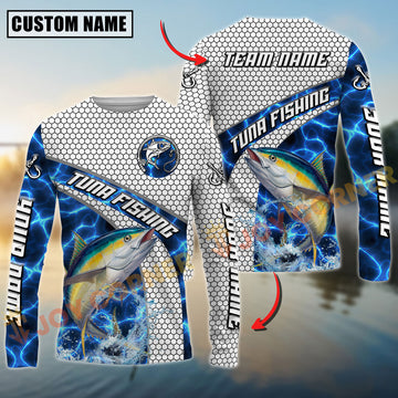 Joycorners Tuna Fishing Honeycomb Electric Water Splash Personalized Name, Team Name Long Sleeve Shirt