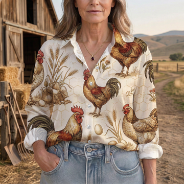 Joycorners Rustic Farm Rooster Wheat Chicken Pattern Casual Shirt
